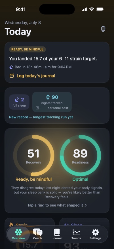 NoBand Today screen showing Recovery and Readiness